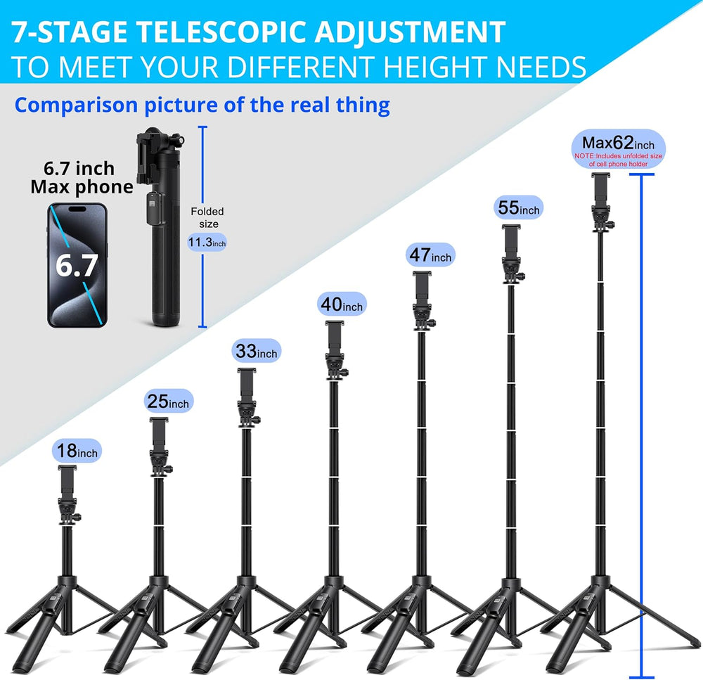BZE 62 inches Extendable Selfie Stick Tripod with Wireless Remote & Phone Holder, Portable Aluminum Alloy 3 in 1 Stand for Group Photos, Vlogging & Travel Compatible with All Smartphones 1817