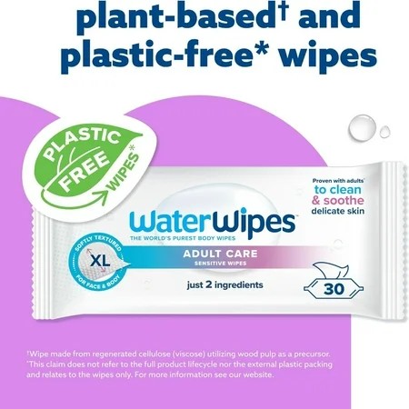 WaterWipes Adult Care, 99.9% Water Based Sensitive Wipes, 3 Resealable Packs (90 Wipes) 1458