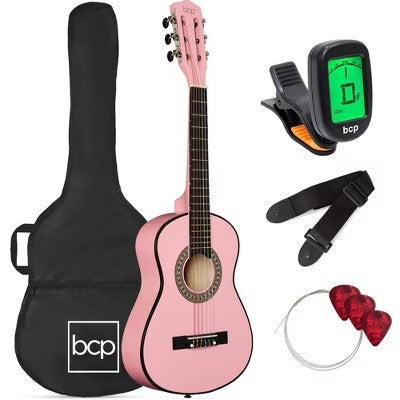 30in Kids Acoustic Guitar Beginner Starter Kit with Tuner, Strap, Case, Strings - Pink 220