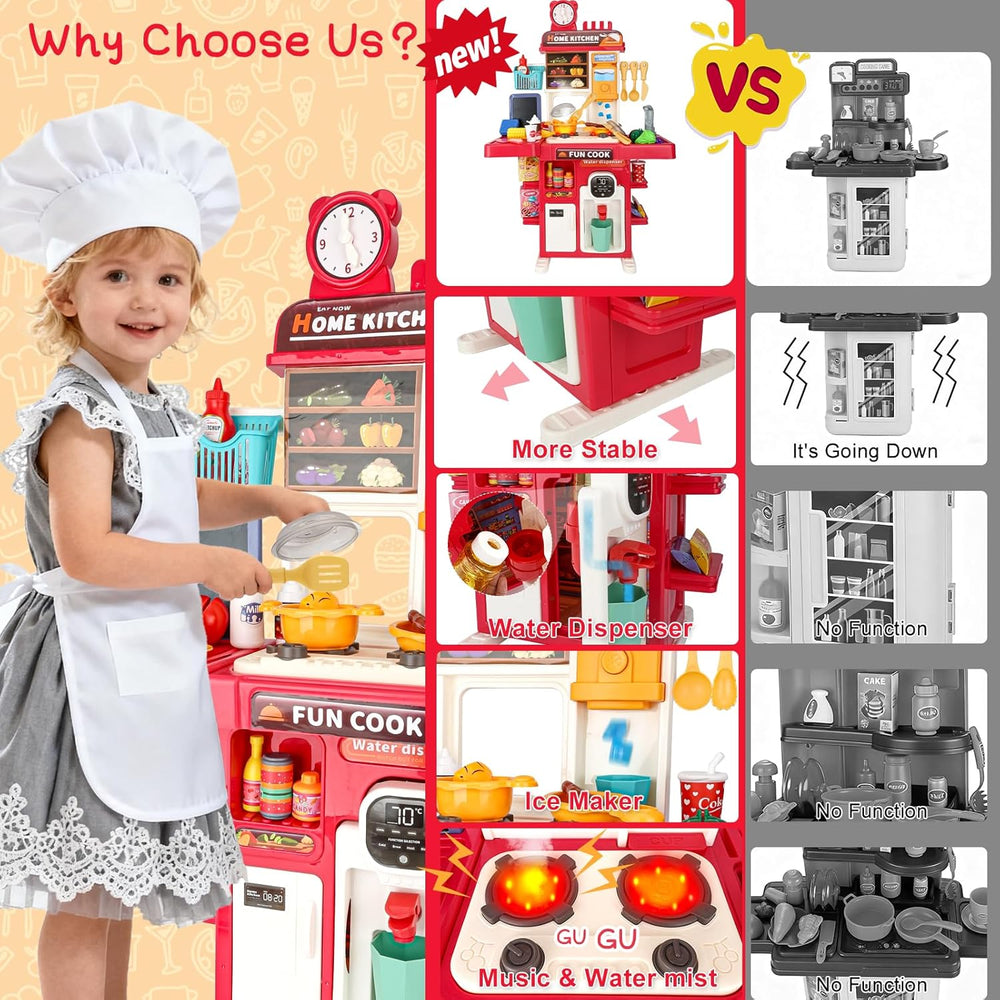 Upgrade Toy Kitchen Set for Kids Toddlers Mini Kitchen Playset with Spray Sink & Realistic Lighting Pretend Cooking Toys for 3 4 5 Year Old Girls Boys Gifts 1374
