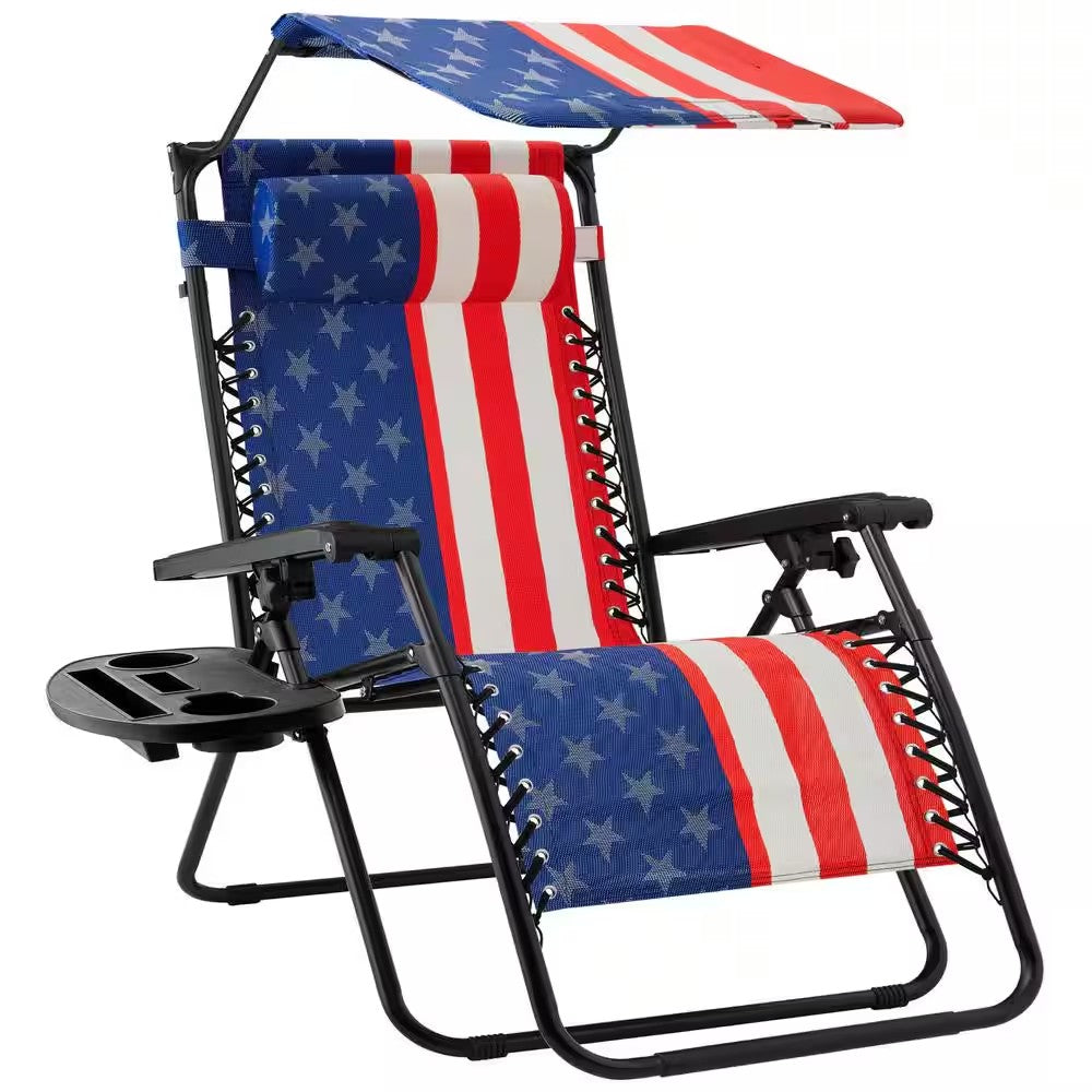 Zero Gravity Folding Reclining American Flag Fabric Outdoor Lawn Chair with Canopy Shade, Headrest Tray L155