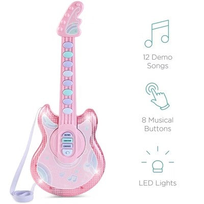 Best Choice Products 19in Kids Flash Guitar, Pretend Play Musical Instrument Toy for Toddlers w/ Mic, Stand - Soft Pink -J4-0411