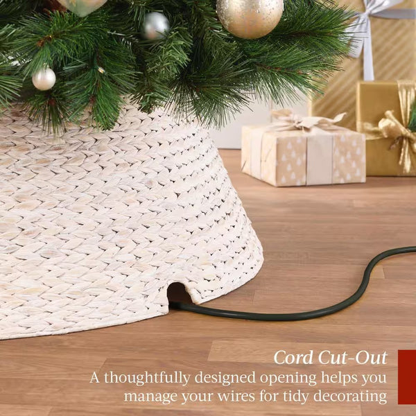 36 in. Washed White Woven Hyacinth Christmas Cellulose Tree Collar with Cord Cut-Out -E4-1964