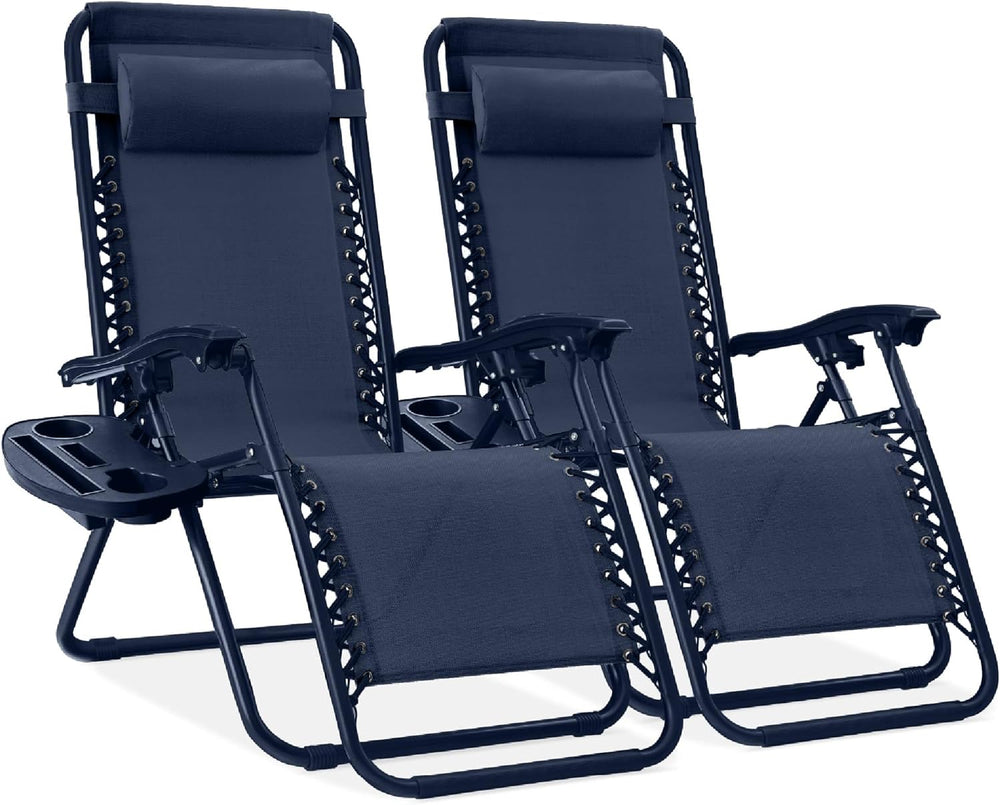 Set of 2 Adjustable Steel Mesh Zero Gravity Lounge Chair Recliners w/Pillows and Cup Holder Trays - Navy - J159