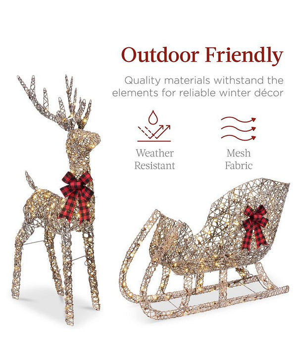 Best Choice Products Lighted Christmas 4ft Reindeer & Sleigh Outdoor Yard Decoration Set w/ 205 LED Lights, Stakes - Brown - D7 - 1465