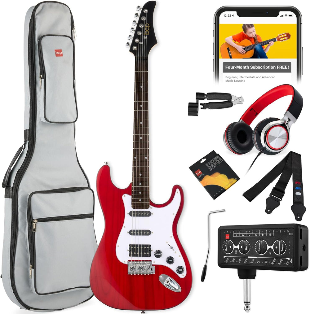 Beginner HSS Electric Guitar Kit w/ Amp, Gig Bag & Strap — Cherry Red/White — H11