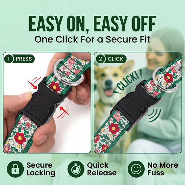 THE WORTHY DOG Adjustable Dog Collar for Medium Dogs, Durable Nylon Webbing, Quick Release Buckle, Spring Garden Floral Pattern, Coral, Medium -F6 - 1811