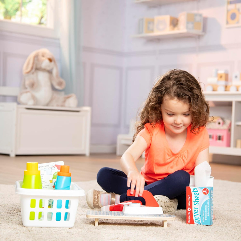 Melissa & Doug Laundry Basket Play Set with Wooden Iron, Ironing Board, and Accessories (14 Pcs) Pretend Play Laundry Set for Kids with Iron 1339