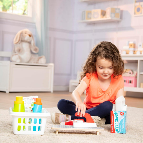 Melissa & Doug Laundry Basket Play Set with Wooden Iron, Ironing Board, and Accessories (14 Pcs) Pretend Play Laundry Set for Kids with Iron 1339