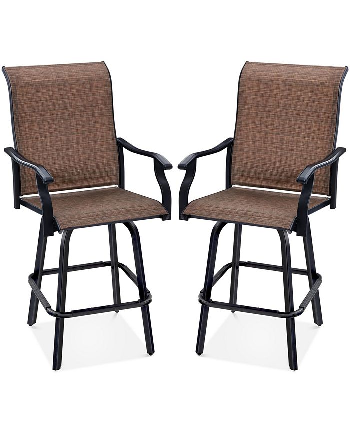 Set of 2 Outdoor Swivel Bar Stools, Patio Barstool Chairs w/ 360 Rotation, All-Weather Mesh - Brown - K37