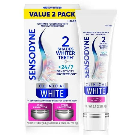 Sensodyne Clinical White Toothpaste Clinically Proven Whitening for Sensitive Teeth, Stain Protector, 3.4 oz x 2 - 568