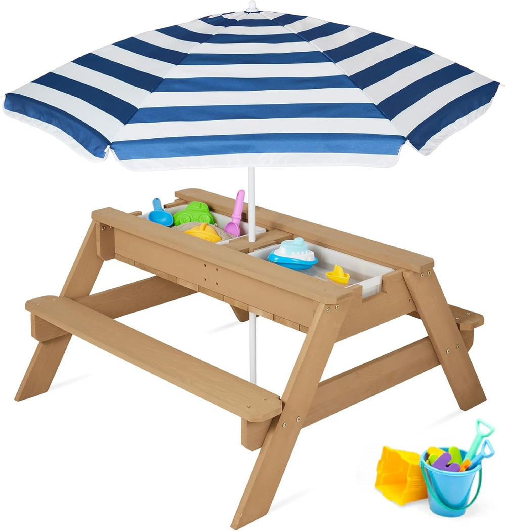 Kids 3-in-1 Sand & Water Table, Wood Outdoor Convertible Picnic Table w/Umbrella, 2 Trays, Removable Top, 220lb Capacity Per Bench - Navy - J155
