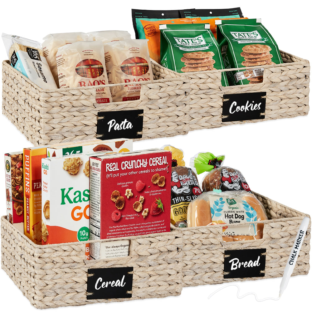 Set of 4 Water Hyacinth Pantry Baskets W/ Chalkboard, Marker - 13in - White 1763