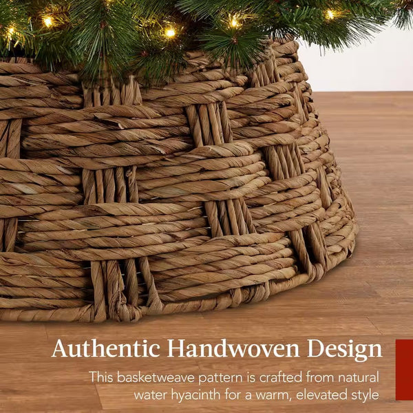 36 in. Basket Woven Hyacinth Christmas Cellulose Tree Collar, Skirt Accessory with Cord Cut-Out in Chestnut -E4-1965