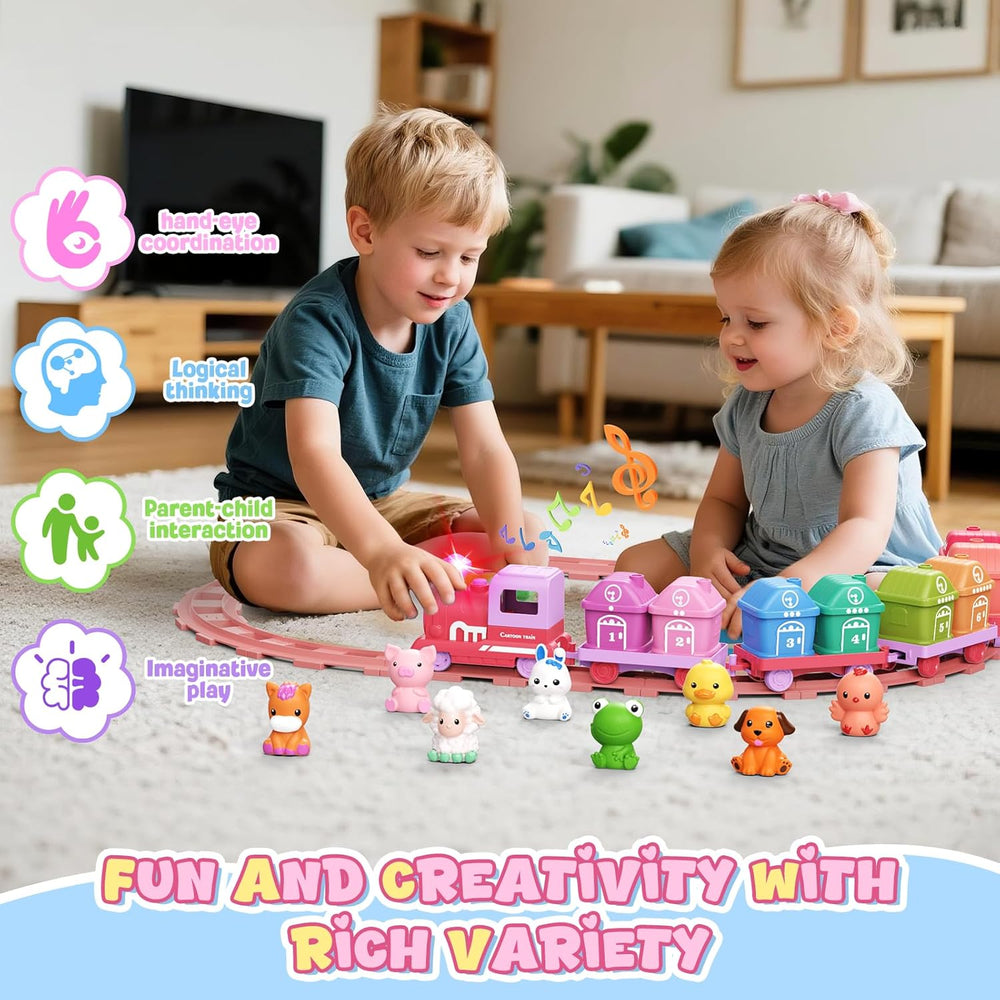 Learning Toys for Toddlers 1 2 3 Year Old,Electric Farm Train Set for Girls 2-4,Counting Matching & Sorting Montessori Train Toy with Farm Animals, Music, Light, Christmas Birthday Gift Baby (Pink) 1386