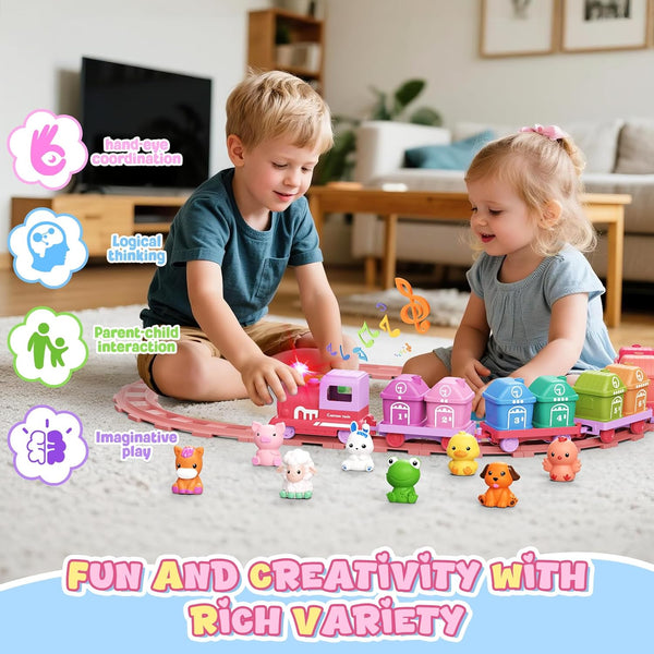 Learning Toys for Toddlers 1 2 3 Year Old,Electric Farm Train Set for Girls 2-4,Counting Matching & Sorting Montessori Train Toy with Farm Animals, Music, Light, Christmas Birthday Gift Baby (Pink) 1386