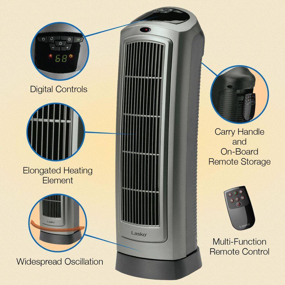 Lasko 1500W 23 in. Gray Electric Tower Ceramic Space Heater with Digital Display, Thermostat and Remote Control - L12 - 585