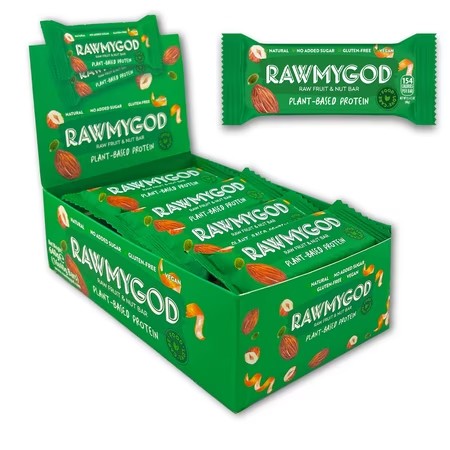 RAWMYGOD Raw Fruit and Nut Bar, Plant Based Protein, Gluten Free, Vegan, No Added Sugar, 16 pack, 154 Calories per Bar