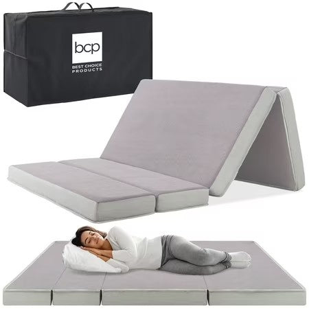 Best Choice Products 4in Thick Folding Portable Queen Tri-Fold Mattress w/ Carry Case, Washable Cover - Gray 1771