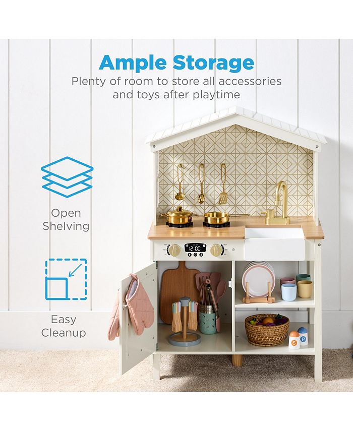 Best Choice Products Pretend Play Wooden Farmhouse Kitchen Set w/ Storage, Clicking Knobs, 5 Accessories - Tan/Beige - No Size -L4-0041