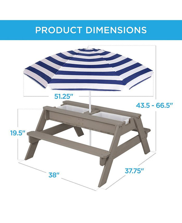 Best Choice Products Kids 3-in-1 Outdoor Convertible Activity Sand & Water Picnic Table w/ Umbrella - Gray - H6 - 98