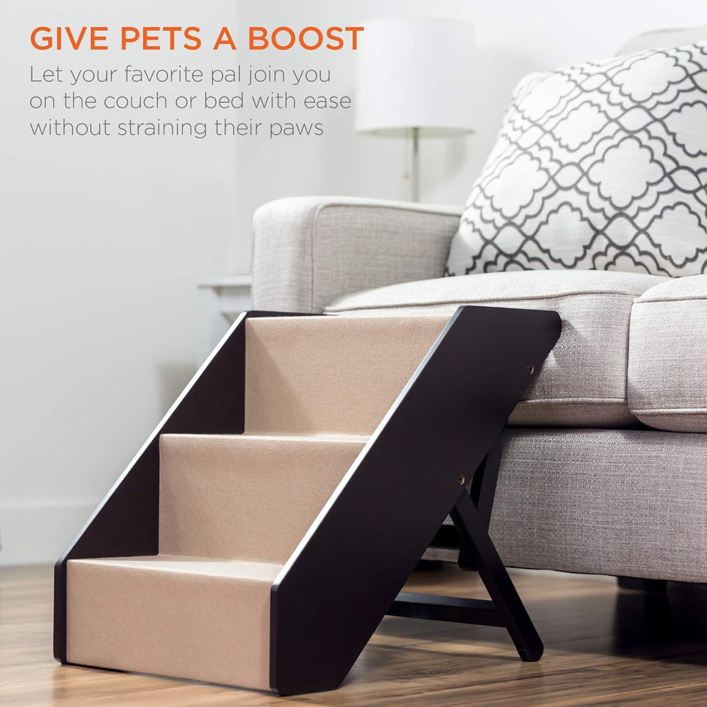 Best Choice Products 3-Step Foldable Adjustable, Non-Slip Wide Wooden Pet Stairs for Living Room, Bedroom, Dog & Cat Sizes Small, Medium, Large w/Carpet, No Assembly, Ideal for Injured, Elderly Pets - L1 - 1944