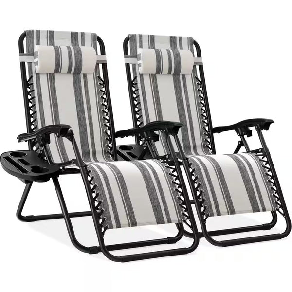 Gray Stripes Metal Zero Gravity Reclining Lawn Chair with Cup Holders (2-Pack) M108