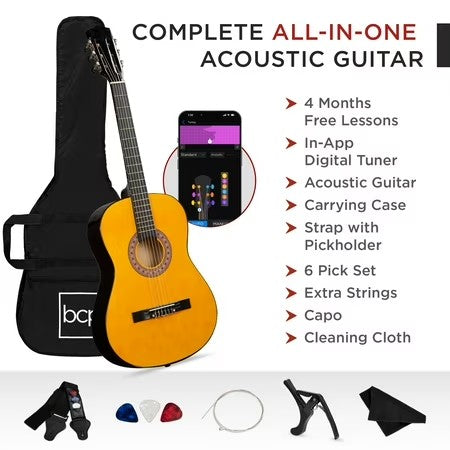 Best Choice Products 38in Beginner Acoustic Guitar Starter Kit w/ Gig Bag, Strap, Extra Strings - Natural - E7 - 1029 -F1-1616