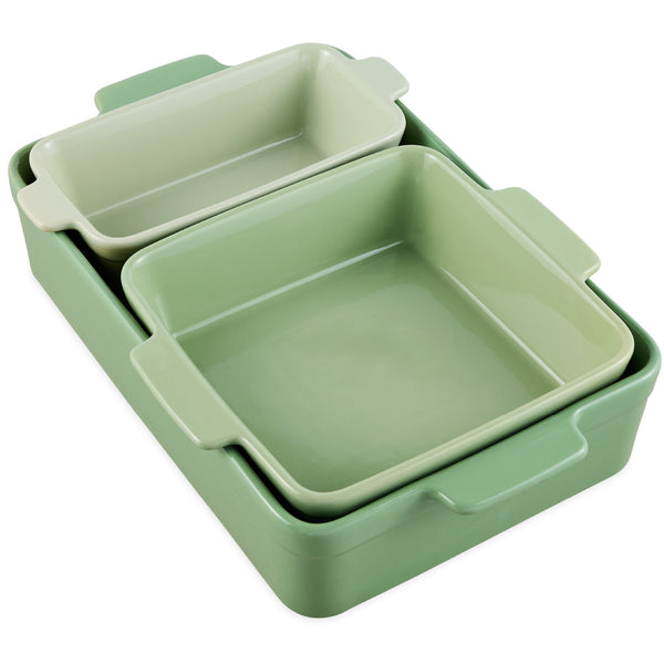 Ceramic Bakeware Set of 3 Casserole Loaf and Square Dishes W/ Handles - Sage Green - 246