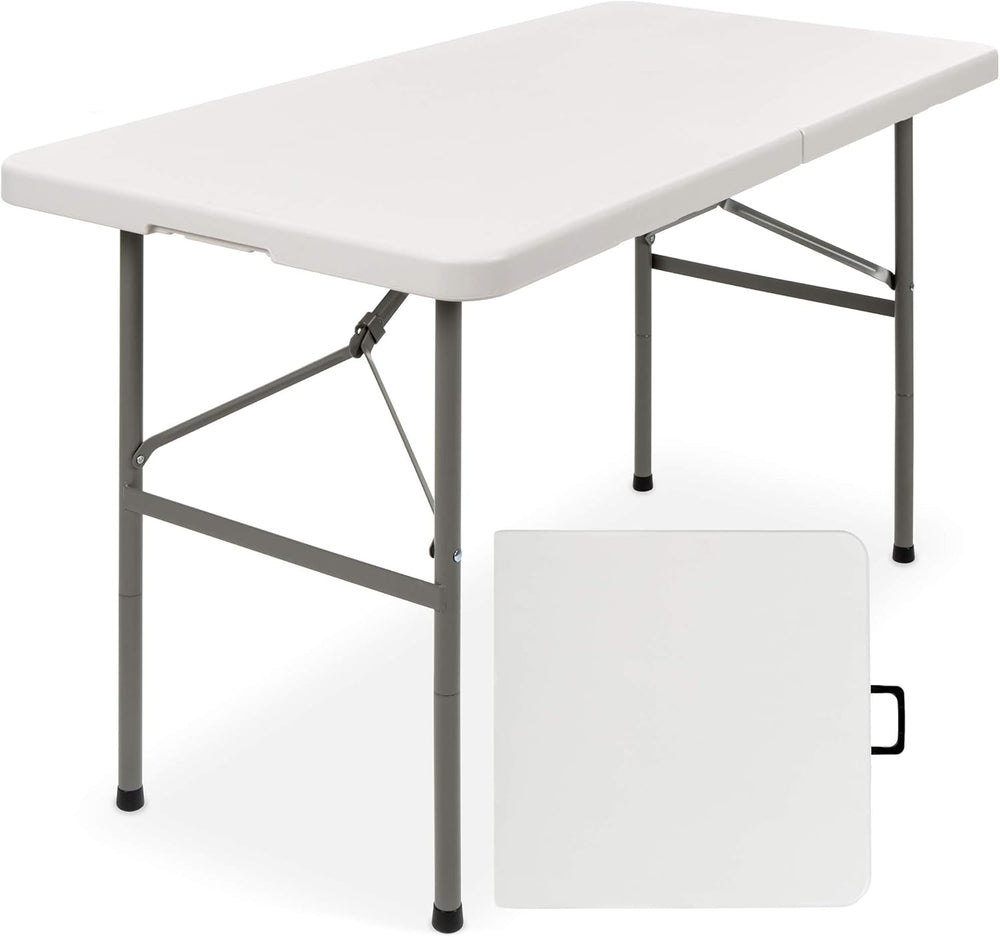 4ft Plastic Folding Table, Indoor Outdoor Heavy Duty Portable w/Handle, Lock for Picnic, Party, Camping - White - J165
