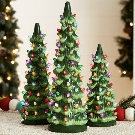 Best Choice Products Set of 3 Pre-Lit Hand-Painted Ceramic Tabletop Christmas Trees w/ Multicolor Lights - Green - F11 - 1080