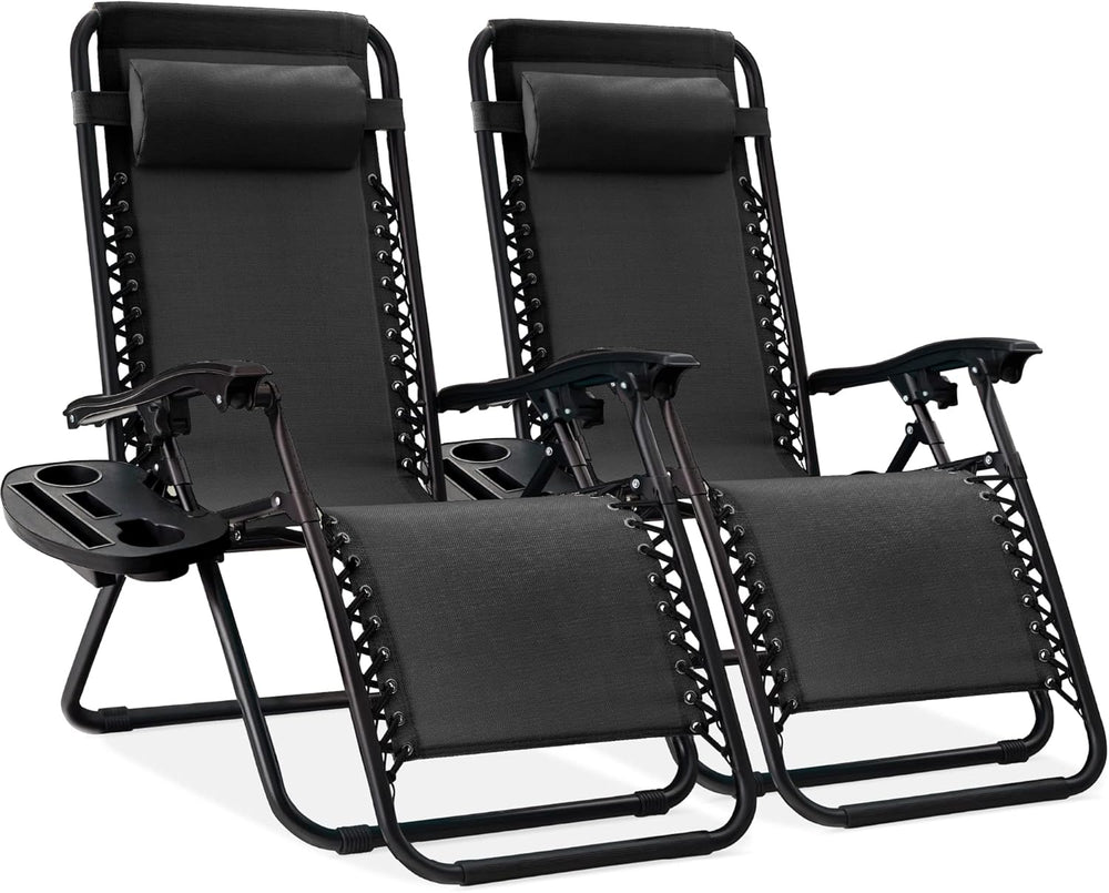 Set of 2 Adjustable Steel Mesh Zero Gravity Lounge Chair Recliners w/Pillows and Cup Holder Trays - Black - K73