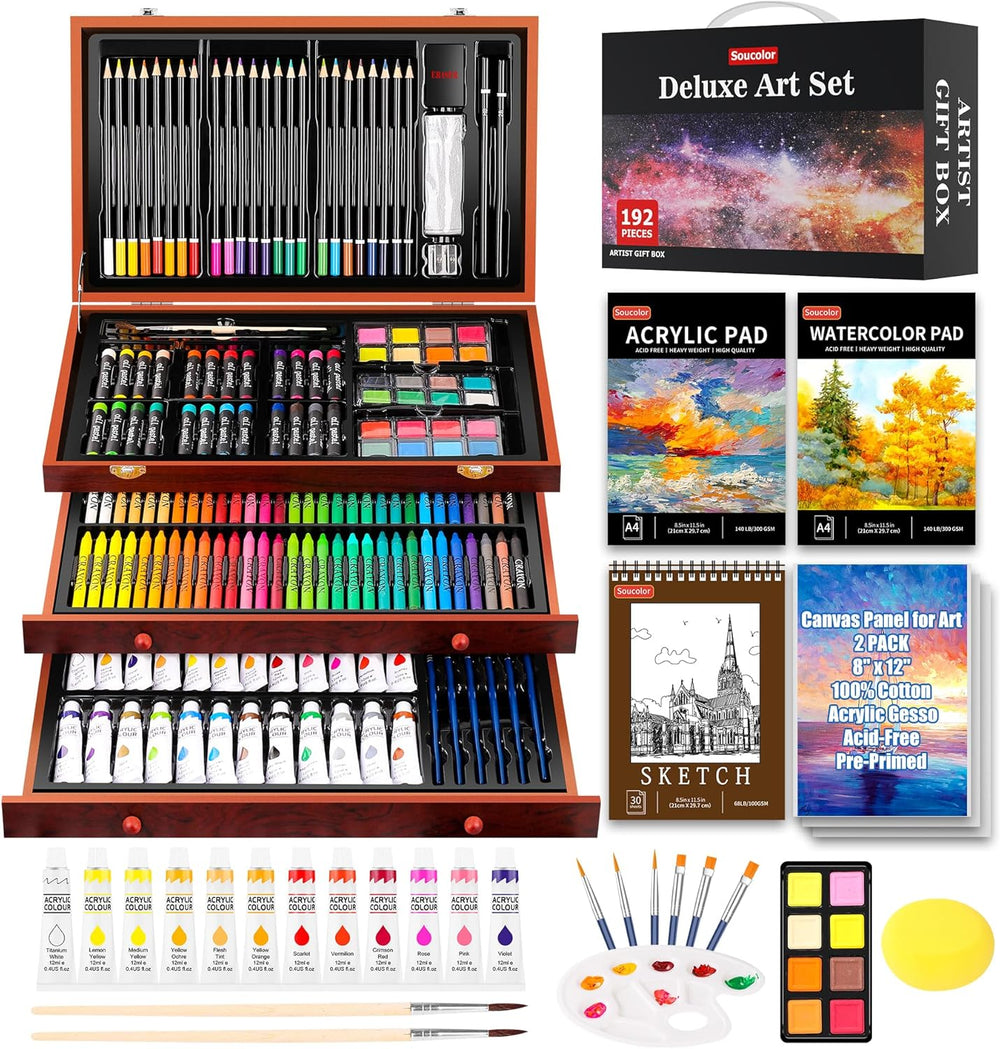 Soucolor Art Supplies, 192-Pack Deluxe Art Set Drawing Painting Supplies Kit with Acrylic Pad, Watercolor Pad, Sketch Book, Canvases, Acrylic Paint, Crayons, Pencils, Gifts for Artist Adults Teen Kids 1275