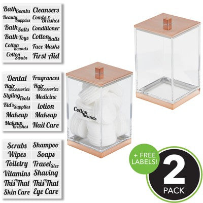 mDesign Small Apothecary Storage Jar with Labels for Bathroom - Clear/Rose Gold - L9 - 482