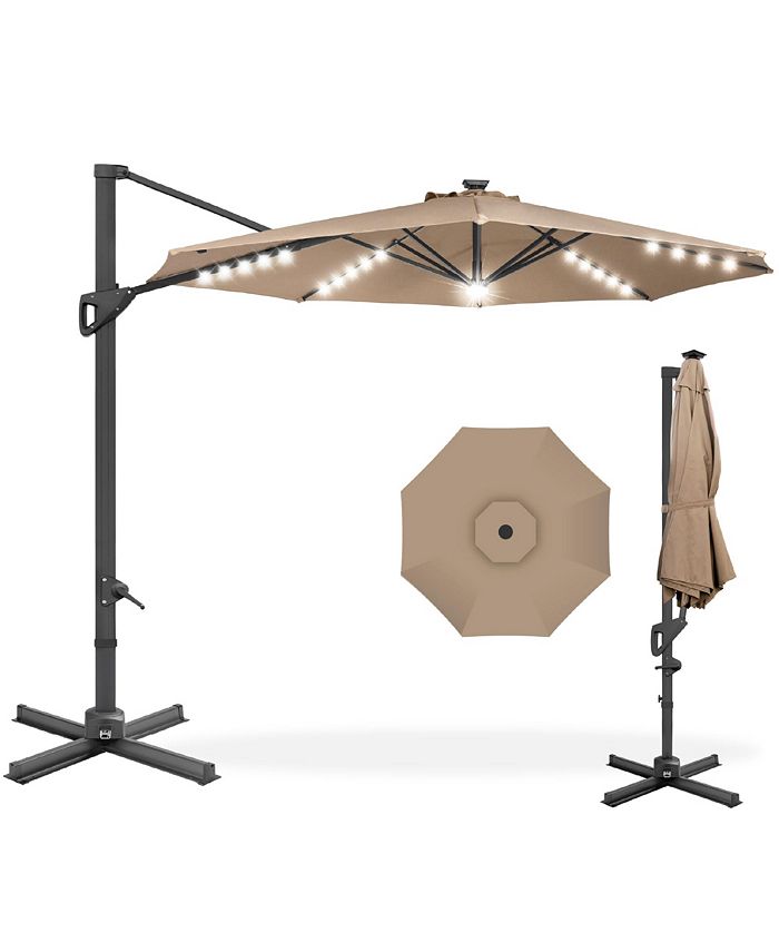 10ft 360-Degree Solar LED Lit Cantilever Patio Umbrella, Outdoor Hanging Shade - Tan/Beige - K27