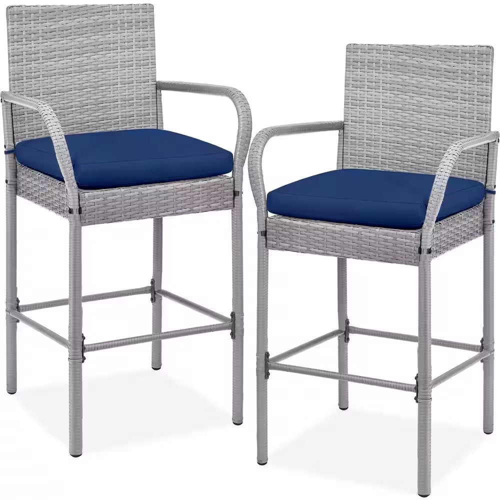 Wicker Grey Outdoor Bar Stools with Navy Blue Cushions (2-Pack) - K13