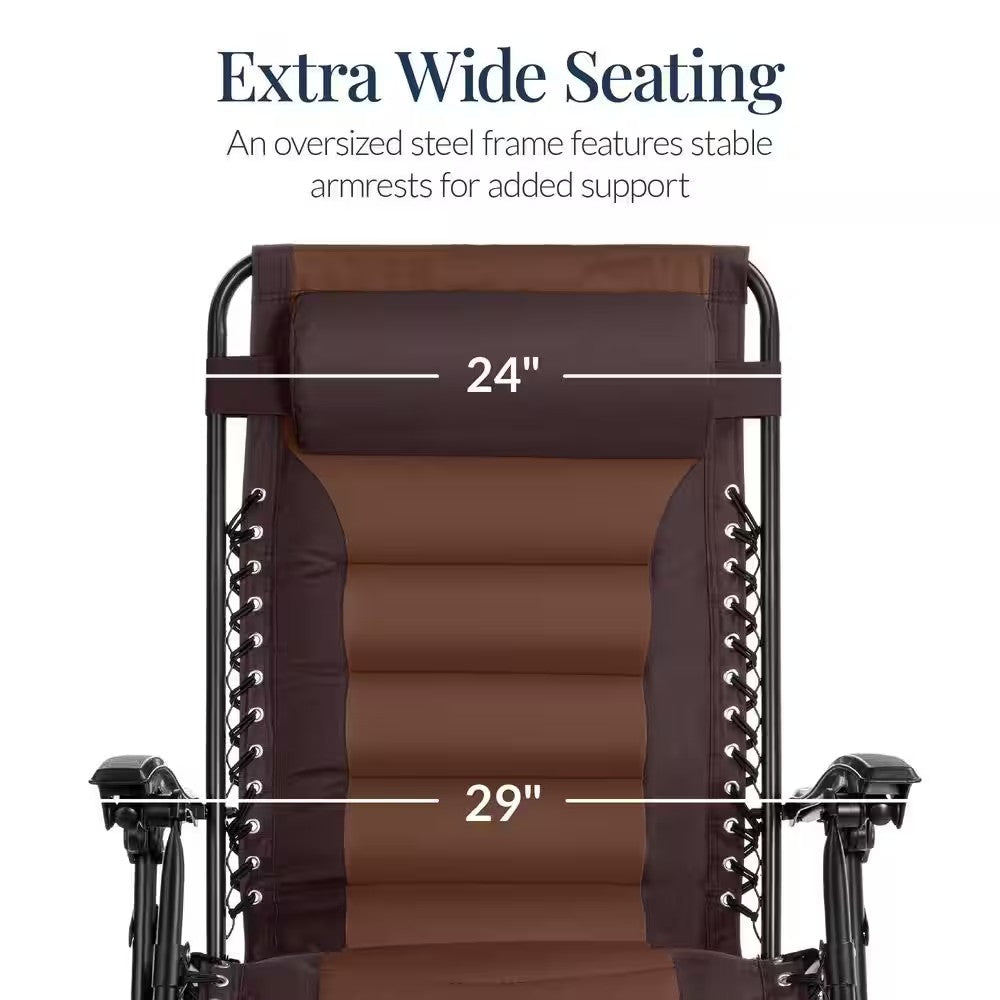 Oversized Padded Zero Gravity Brown/Caramel Metal Reclining Outdoor Lawn Chair with Side Tray -M4-1549