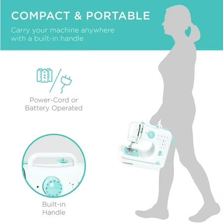 Best Choice Products 6V Portable Sewing Machine, 42-Piece Beginners Kit w/ 12 Stitch Patterns - Teal/White -K5-0421