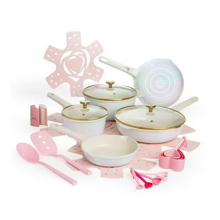 Paris Hilton 24 Piece Clean Ceramic Cookware Set, White Rainbow Iridescent -J10-0584