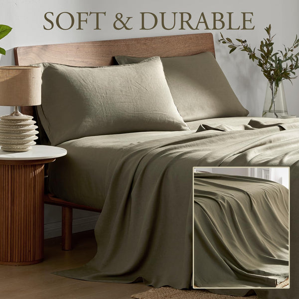 DAPU Pure Linen Sheets Set, 100% French Linen from Normandy, Breathable and Durable for Hot Sleepers, 4 Pcs Set - 1 Flat Sheet, 1 Fitted Sheet, 2 Pillowcase (Forest Green, King) 1303