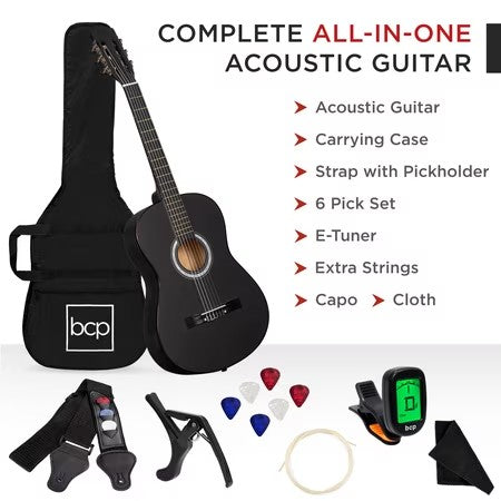 Best Choice Products 38in Beginner Acoustic Guitar Starter Kit w/ Gig Bag, Strap, Digital Tuner, Strings - Matte Black -K2-0366