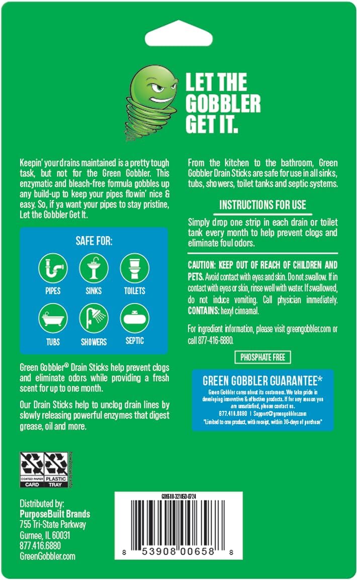 Green Gobbler Drain Cleaner and Deodorizer Sticks with Enzymes - Maintain a Clean Drain, Safe for Pipes and Septic Tanks, Use Monthly - 12 Pack 1352