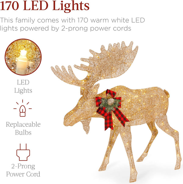 Best Choice Products 2-Piece Moose Family, Lighted Outdoor All-Weather Christmas Yard Decoration Light-Up D cor Set w/ 170 LED Lights, Ground Stakes, Zip Ties - Gold - A8 - 1459