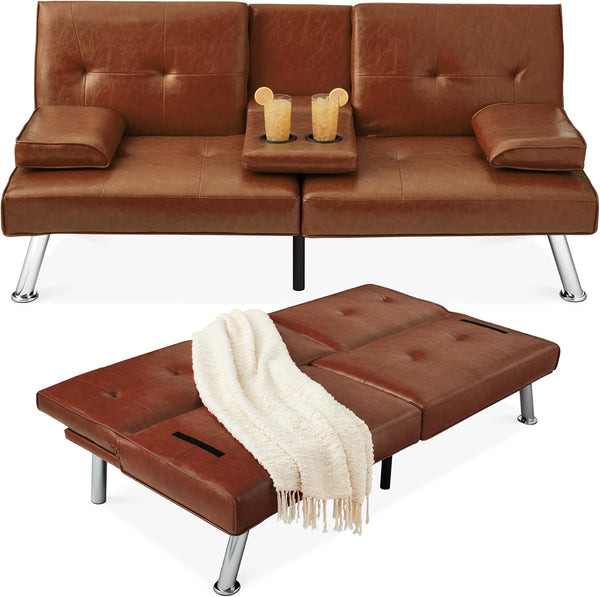 Convertible Faux Leather Futon Sofa Bed w/ Removable Armrests — H97