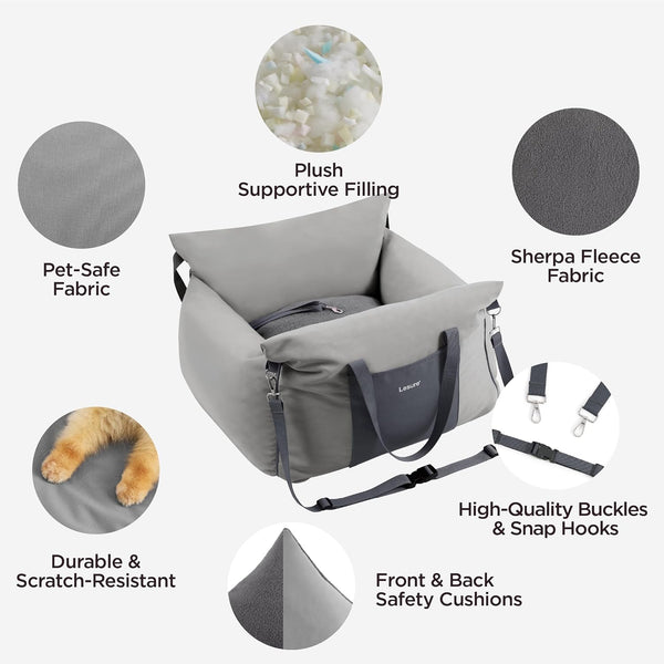 Lesure Small Dog Car Seat for Small Dogs - Soft Dog Booster Seat for Car with Storage Pocket and Clip-On Safety Leash and Thickened Memory Foam Filling, Pet Carseat Travel Carrier Bed, Grey - J12 - 628