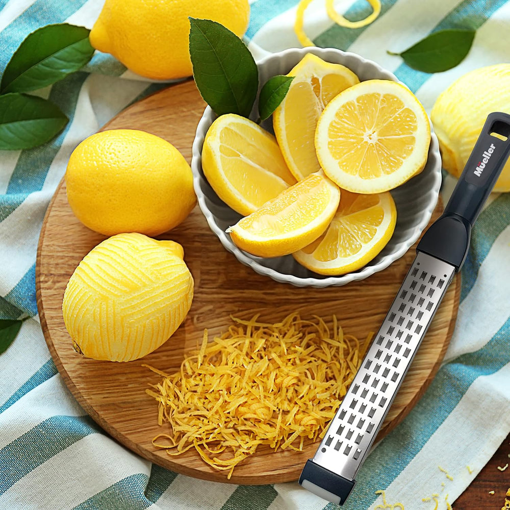 Mueller Ultra Bi-Directional Citrus Zester & Cheese Grater   Parmesan Cheese Lemon, Ginger, Garlic, Nutmeg, Chocolate, Vegetables, Fruits   18/10 Razor-Sharp Stainless Steel Blade Wide Dishwasher Safe - B11 - 595