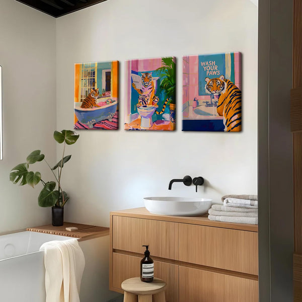 Funny Tiger Bathroom Wall Art Set of 3 Whimsical Tiger in Bathtub Canvas Wall Decor Painting Maximalist Animal Bathroom Poster Print Aesthetic 12x16 inch Framed 1409