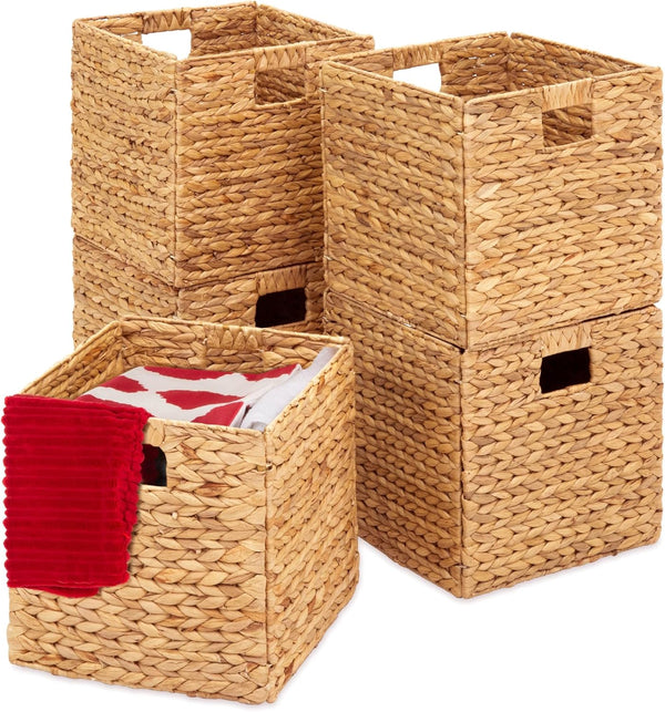 10.5x10.5in Pack of 5 Cube Storage Baskets, Water Hyacinth Multipurpose Collapsible Organizers, Handwoven Laundry Totes for Laundry, Living Room, Kids Room & Nursery - Natural - M84