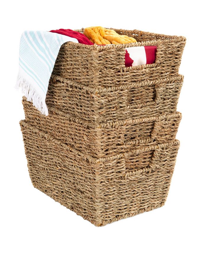 Best Choice Products Set of 4 Multipurpose Stackable Seagrass Storage Laundry Organizer Baskets w/ Handles - Tan/Beige - L133