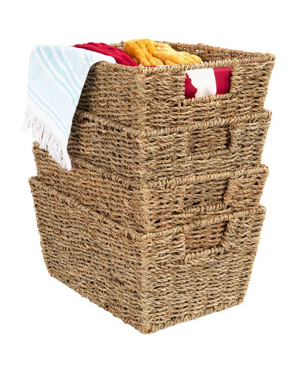 Best Choice Products Set of 4 Multipurpose Stackable Seagrass Storage Laundry Organizer Baskets w/ Handles - Tan/Beige - L133
